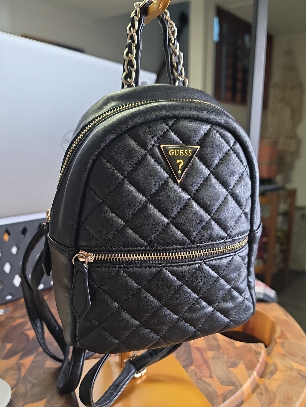 GUESS Black Quilted Mini Backpack with Gold Accents